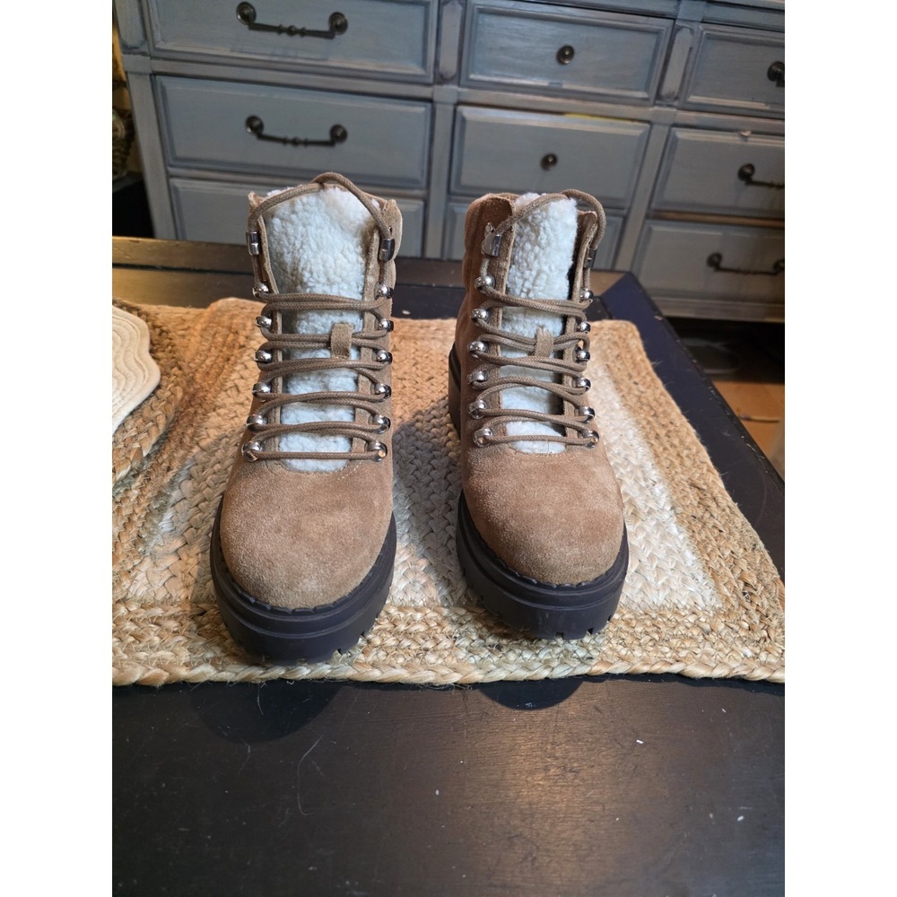 Marc Fisher Size 61/2M Nairy Hiking Brown Ankle Leather Faux‎ Fur Boot